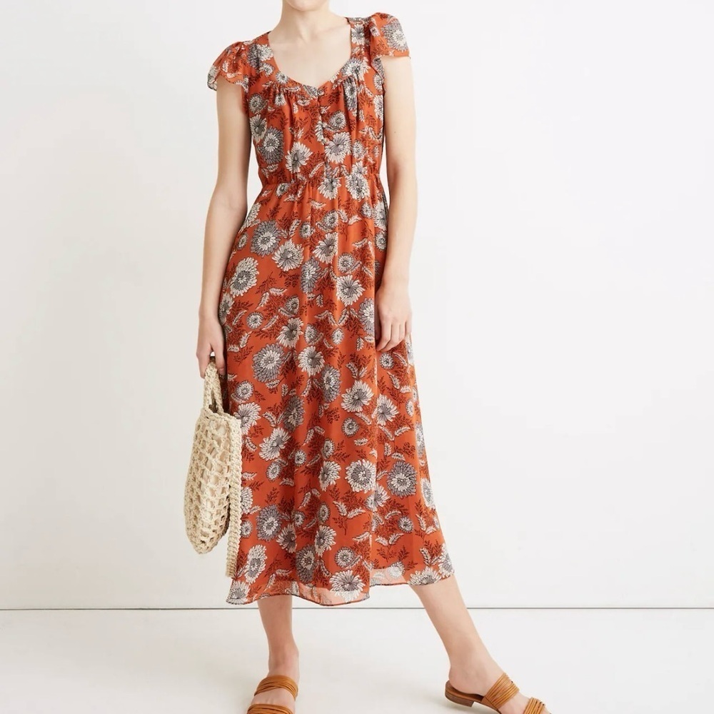 NWT Madewell Sheer-Sleeve Button-Front Midi Dress Gathered Blooms Twee